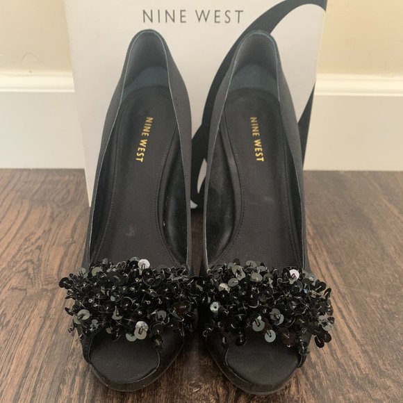 Nine West Peep Toe Sequin Satin Pumps - Picture 2 of 7